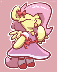 Size: 2560x3250 | Tagged: safe, artist:kimjoman, character:fluttershy, species:pegasus, species:pony, g4, bipedal, bow, cel shading, clothing, crossover, cute, dress, eyes closed, female, mare, pink background, semi-anthro, shading, shyabetes, simple background, solo, spread wings, terraria, tongue out, wings