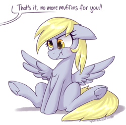 Size: 1759x1747 | Tagged: safe, artist:datte-before-dawn, artist:dsp2003, character:derpy hooves, species:pegasus, species:pony, g4, abuse, angry, bad pony, chest fluff, collaboration, cute, derpabetes, derpybuse, dialogue, ear fluff, female, floppy ears, frog (hoof), madorable, mare, muffin, nose wrinkle, offscreen character, pure unfiltered evil, scrunchy face, simple background, sitting, solo, speech bubble, spread wings, that pony sure does love muffins, this will end in death, this will end in tears, this will end in tears and/or death, underhoof, white background, wings