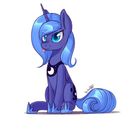 Size: 1284x1261 | Tagged: safe, artist:dsp2003, character:princess luna, species:alicorn, species:pony, /mlp/, g4, blep, clothing, colored eyebrows, colored pupils, cute, ear fluff, eye clipping through hair, eyebrows, eyebrows visible through hair, female, hoof shoes, jewelry, lidded eyes, looking at you, lunabetes, mare, necklace, peytral, s1 luna, shoes, signature, simple background, sitting, smiling, solo, tongue out, white background