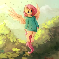 Size: 4000x4000 | Tagged: safe, artist:miokomata, character:fluttershy, species:pegasus, species:pony, g4, chest fluff, clothing, colored hooves, cute, cute little fangs, ear fluff, fangs, female, flying, freckles, freckleshy, hoodie, human shoulders, mare, semi-anthro, shyabetes, solo, spread wings, sweater, sweatershy, tongue out, wings