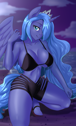 Size: 1156x1920 | Tagged: safe, artist:thebrokencog, character:princess luna, species:alicorn, species:anthro, species:pony, g4, beach, belly button, bikini, bikini top, breasts, busty princess luna, clothing, commission, hair over one eye, kneeling, ocean, sand, swimsuit