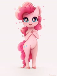Size: 2413x3217 | Tagged: safe, artist:miokomata, character:pinkie pie, species:earth pony, species:pony, g4, bipedal, blushing, chest fluff, colored hooves, cute, diapinkes, ear fluff, female, heart, high res, looking at you, mare, neck fluff, open mouth, smiling, solo
