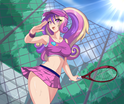 Size: 2290x1920 | Tagged: safe, artist:thebrokencog, character:princess cadance, species:human, g4, adorasexy, anime, belly button, breasts, cleavage, clothing, commission, crepuscular rays, cute, cutedance, cutie mark, cutie mark on clothes, female, fence, humanized, open mouth, schrödinger's pantsu, sexy, skirt, solo, sports, sun, sweat, tennis, tennis racket, visor, wristband