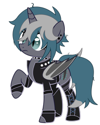 Size: 2089x2625 | Tagged: safe, artist:lazuli, artist:rukemon, base used, oc, oc only, oc:elizabrat meanfeather, species:alicorn, species:bat pony, species:pony, g4, alicorn oc, bat pony alicorn, bat pony oc, bat wings, boots, choker, clone, clothing, commission, ear piercing, earring, female, fingerless gloves, gloves, horn, jewelry, mare, piercing, raised hoof, shoes, simple background, socks, solo, spiked choker, striped socks, transparent background, wings