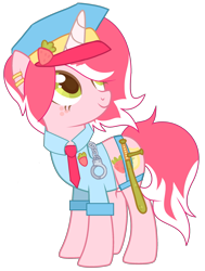 Size: 1895x2506 | Tagged: safe, artist:lazuli, artist:rukemon, base used, oc, oc only, oc:officer sweet strawberry, species:pony, species:unicorn, g4, badge, baton, clothing, commission, cuffs, ear piercing, earring, eyeshadow, female, food, freckles, hat, jewelry, makeup, mare, marking, necktie, piercing, police, police hat, police officer, police uniform, sbelt, shirt, simple background, solo, strawberry, transparent background