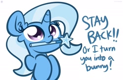 Size: 1920x1253 | Tagged: safe, artist:kimjoman, character:trixie, species:pony, species:unicorn, g4, cute, diatrixes, ear fluff, female, hnnng, kimjoman is trying to murder us, looking up, magic wand, mare, mouth hold, nom, simple background, smiling, solo, text, threat, wand, weapons-grade cute, white background