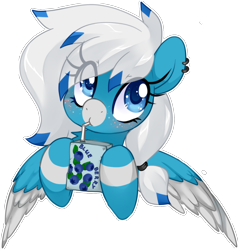 Size: 1524x1594 | Tagged: safe, artist:loyaldis, oc, oc only, oc:freezing blizzard, species:pegasus, species:pony, g4, commission, cute, ear piercing, female, highlights, juice, juice box, piercing, simple background, solo, transparent background, ych result