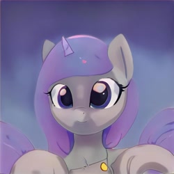 Size: 1024x1024 | Tagged: safe, ai model:thisponydoesnotexist, species:pony, species:unicorn, g4, artificial intelligence, blue eyes, cute, female, horn, looking at you, neural network, small horn, smiling, solo