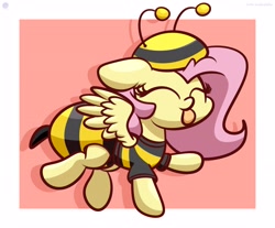 Size: 2850x2360 | Tagged: safe, artist:kimjoman, character:fluttershy, species:pegasus, species:pony, g4, animal costume, bee, bee costume, blep, clothing, costume, cute, eyes closed, female, flutterbee, hat, insect, mare, raised hoof, raised leg, shirt, shyabetes, solo, t-shirt, tongue out