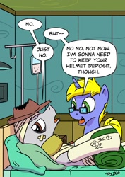 Size: 1280x1811 | Tagged: safe, artist:pony-berserker, oc, oc:final drive, oc:longhaul, g4, bandage, bed, cast, comically missing the point, hospital, hospital bed, pillow, unamused