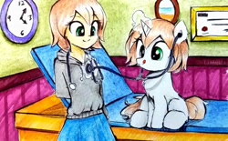 Size: 1134x704 | Tagged: safe, artist:liaaqila, oc, oc only, oc:healing touch, species:pony, species:unicorn, g4, my little pony:equestria girls, checkup, clothing, commission, cute, duo, exam table, female, filly, hoodie, human ponidox, magic, ponidox, self ponidox, sitting, skirt, smiling, stethoscope, traditional art