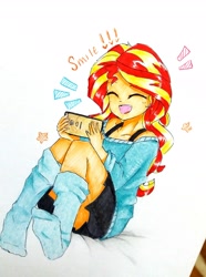 Size: 2246x3023 | Tagged: safe, artist:liaaqila, character:sunset shimmer, species:eqg human, g4, my little pony:equestria girls, blushing, bra, bra strap, cellphone, clothing, cute, exclamation point, eyes closed, female, happy, hnnng, marker drawing, mobile, off shoulder, phone, shimmerbetes, simple background, sitting, skirt, smartphone, smiling, socks, solo, stars, sweater, traditional art, underwear, white background