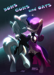 Size: 1666x2292 | Tagged: safe, artist:xbi, character:bon bon, character:lyra heartstrings, character:sweetie drops, species:earth pony, species:pony, species:unicorn, ship:lyrabon, g4, abstract background, bon bond, clothing, dancing, dress, ergonomics, evening dress, female, food, gun, gun barrel, kissing, lesbian, looking at you, mare, oats, poster parody, shipping, socks, tabun art-battle finished after, tailcoat, text, weapon