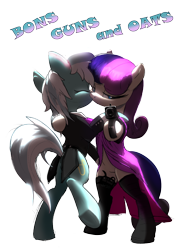 Size: 1666x2292 | Tagged: safe, alternate version, artist:xbi, character:bon bon, character:lyra heartstrings, character:sweetie drops, species:earth pony, species:pony, species:unicorn, ship:lyrabon, g4, background removed, bon bond, clothing, dancing, dress, ergonomics, evening dress, female, food, gun, gun barrel, kissing, lesbian, looking at you, mare, oats, poster parody, shipping, simple background, socks, tabun art-battle finished after, tailcoat, text, transparent background, weapon