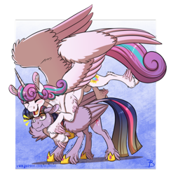 Size: 1374x1407 | Tagged: safe, artist:inuhoshi-to-darkpen, character:princess flurry heart, character:twilight sparkle, character:twilight sparkle (alicorn), species:alicorn, species:pony, g4, abstract background, aunt and niece, best aunt ever, blushing, cute, duo, ear fluff, eye clipping through hair, eyes closed, female, flurrybetes, flying, glomp, hoof fluff, hoof shoes, hug, jewelry, mare, older, older flurry heart, regalia, size difference, smiling, spread wings, wing fluff, wings
