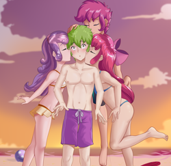 Size: 3606x3500 | Tagged: safe, artist:thebrokencog, character:apple bloom, character:scootaloo, character:spike, character:sweetie belle, species:human, ship:scootaspike, ship:spikebelle, ship:spikebloom, g4, anime, apple bloom's bow, barefoot, beach, belly button, bikini, blushing, bow, clothing, commission, crusadespike, cutie mark crusaders, feet, female, hair bow, harem, humanized, kiss on the cheek, kiss sandwich, kissing, lucky bastard, male, nipples, sand, shipping, shorts, spike gets all the fillies, spike gets all the mares, straight, sunset, surprise kiss, swimsuit, topless, water