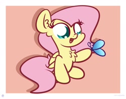 Size: 1920x1513 | Tagged: safe, artist:kimjoman, character:fluttershy, species:pegasus, species:pony, g4, butterfly, chest fluff, cute, ear fluff, female, mare, open mouth, shyabetes, sitting, solo