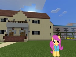 Size: 2048x1536 | Tagged: safe, artist:magister39, artist:topsangtheman, character:pursey pink, species:earth pony, species:pony, g4, female, house, looking at you, minecraft, solo
