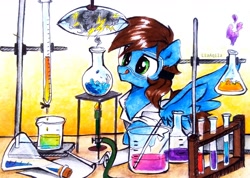 Size: 3064x2182 | Tagged: safe, artist:liaaqila, oc, oc only, oc:blue scroll, species:pegasus, species:pony, g4, chemistry, clothing, lab coat, laboratory, male, safety goggles