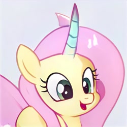 Size: 1024x1024 | Tagged: safe, ai model:thisponydoesnotexist, species:pony, g4, curved horn, cute, female, horn, mare, neural network, not fluttershy, smiling
