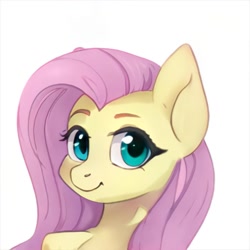 Size: 1024x1024 | Tagged: safe, ai model:thisponydoesnotexist, character:fluttershy, species:pegasus, species:pony, g4, bust, eyebrows, female, neural network, portrait, simple background, smiling, solo, white background