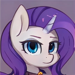 Size: 1024x1024 | Tagged: safe, ai model:thisponydoesnotexist, character:rarity, g4, artificial intelligence, collar, eyebrows, looking at you, neural network, purple mane, transparent horn, white coat