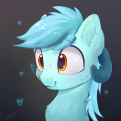 Size: 2703x2709 | Tagged: safe, artist:xbi, oc, oc only, oc:negasun, species:earth pony, species:pony, g4, bust, chest fluff, ear fluff, gradient background, horns, male, not lyra, portrait, scales, solo, stallion