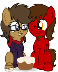 Size: 1300x1600 | Tagged: safe, artist:toyminator900, oc, oc only, oc:binky, oc:chip, species:pegasus, species:pony, species:zony, g4, birthday, birthday cake, cake, clothing, duo, facial hair, food, freckles, gift art, glasses, hoodie, hybrid, one eye closed, simple background, transparent background, unshorn fetlocks, wink