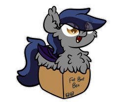 Size: 3250x2688 | Tagged: safe, artist:kimjoman, part of a set, oc, oc only, oc:echo, species:bat pony, species:pony, g4, :d, bat pony oc, bat wings, behaving like a cat, box, chest fluff, commission, cute, digital art, eye clipping through hair, fangs, female, fluffy, if i fits i sits, impossibly large chest fluff, looking at you, mare, open mouth, pony in a box, simple background, solo, tail, transparent background, wings, ych result