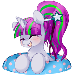 Size: 1100x1157 | Tagged: safe, artist:loyaldis, oc, oc only, oc:zippi, species:pony, species:unicorn, g4, chest fluff, commission, cute, eyes closed, female, filly, inner tube, simple background, smiling, solo, transparent background, wet, wet mane, ych result