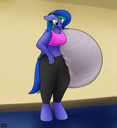 Size: 2022x2210 | Tagged: safe, artist:the-furry-railfan, oc, oc only, oc:felicity stars, species:anthro, species:pegasus, species:pony, species:unguligrade anthro, g4, clothing, confused, exercise ball, indoors, pants, this will end in balloons, yoga, yoga pants