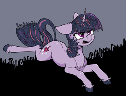 Size: 3874x2953 | Tagged: safe, artist:paskanaakka, derpibooru original, character:mean twilight sparkle, character:twilight sparkle, character:twilight sparkle (unicorn), species:pony, species:unicorn, g4, abstract background, angry, colored hooves, female, lying down, prone, solo, unshorn fetlocks