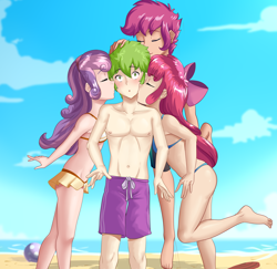 Size: 3606x3500 | Tagged: safe, alternate version, artist:thebrokencog, character:apple bloom, character:scootaloo, character:spike, character:sweetie belle, species:human, ship:scootaspike, ship:spikebelle, ship:spikebloom, g4, anime, barefoot, beach, bikini, blushing, clothing, commission, crusadespike, cutie mark crusaders, feet, female, harem, humanized, kiss on the cheek, kissing, male, sand, shipping, shorts, spike gets all the mares, straight, surprise kiss, swimsuit, water