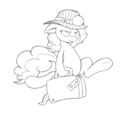 Size: 953x874 | Tagged: safe, artist:joey darkmeat, character:gummy, character:pinkie pie, briefcase, clothing, fedora, hat, monochrome, traditional art