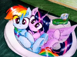 Size: 3096x2322 | Tagged: safe, artist:liaaqila, character:rainbow dash, character:twilight sparkle, character:twilight sparkle (alicorn), species:alicorn, species:pegasus, species:pony, ship:twidash, g4, bathtub, behaving like a cat, commission, counter, counter top, countertop, cute, dashabetes, eye clipping through hair, faucet, female, if i fits i sits, lesbian, looking at you, shipping, sink, spread wings, traditional art, twiabetes, wings