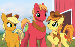 Size: 2052x1279 | Tagged: safe, artist:xbi, character:applejack, character:big mcintosh, character:braeburn, species:earth pony, species:pony, g4, barn, brother and sister, clothing, cowboy hat, female, hat, horse collar, male, mare, siblings, stallion, talking, trio, underhoof, vest