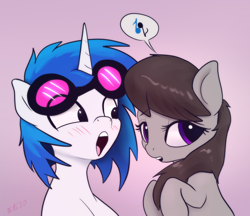 Size: 1810x1562 | Tagged: safe, artist:xbi, character:dj pon-3, character:octavia melody, character:vinyl scratch, species:earth pony, species:pony, species:unicorn, ship:scratchtavia, g4, 30 minute art challenge, 30 minute art challenge finished after, blushing, cute, dialogue, female, glasses, gradient background, lesbian, mare, music notes, pictogram, shipping, simple background, speech bubble, tavibetes, vinylbetes