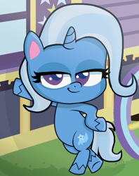 Size: 839x1061 | Tagged: safe, artist:grapefruitface1, base used, character:trixie, species:pony, species:unicorn, g4.5, my little pony:pony life, crossed legs, grass, hoof on hip, leaning, lidded eyes, looking at you, show accurate, trixie's wagon
