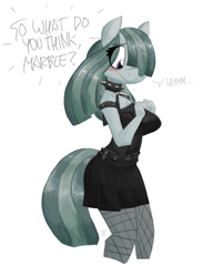 Size: 1100x1435 | Tagged: safe, artist:flutterthrash, character:marble pie, species:anthro, g4, breasts, busty marble pie, choker, clothing, dialogue, eye clipping through hair, female, goth, punk, simple background, skirt, socks, spiked choker, thigh highs, white background