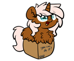 Size: 3250x2688 | Tagged: safe, artist:kimjoman, part of a set, oc, oc only, species:pony, species:unicorn, g4, box, chest fluff, female, fluffy, fragile, happy, mare, pony in a box, simple background, smiling, solo, transparent background
