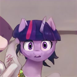 Size: 1024x1024 | Tagged: safe, ai model:thisponydoesnotexist, character:twilight sparkle, species:pony, g4, accidentally a canon character, bust, female, i've seen some shit, mare, neural network, portrait