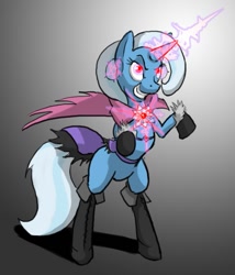 Size: 643x752 | Tagged: safe, artist:moronsonofboron, character:trixie, boots, cape, clothing, dark magic, glowing horn, magic, pentagram, rearing