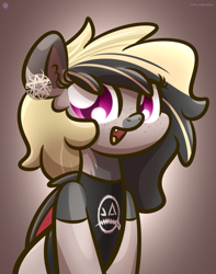 Size: 2560x3250 | Tagged: safe, artist:kimjoman, oc, oc only, species:bat pony, species:pony, g4, clothing, commission, cute, cute little fangs, ear piercing, earring, fangs, female, gradient background, jewelry, looking at you, mare, piercing, solo