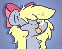 Size: 3250x2560 | Tagged: safe, artist:kimjoman, character:derpy hooves, species:pegasus, species:pony, g4, alternate hairstyle, blep, blue background, bow, chest fluff, cute, derpabetes, ear fluff, female, hair bow, long hair, long mane, mare, one eye closed, simple background, solo, tongue out, wink