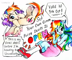 Size: 2442x2046 | Tagged: safe, artist:liaaqila, community related, character:rainbow dash, oc, oc:qilala, species:human, species:pegasus, species:pony, g4, my little pony:equestria girls, advertisement, clothing, cute, dashabetes, dress, humanized, ocbetes, pencil, pony ears, promotional art, simple background, white background