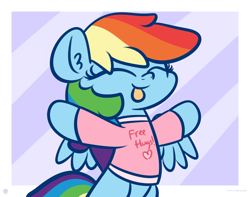 Size: 3250x2560 | Tagged: safe, artist:kimjoman, character:rainbow dash, species:pegasus, species:pony, g4, clothing, cute, dashabetes, eyes closed, female, free hugs, shirt, solo, spread wings, text, tongue out, wings