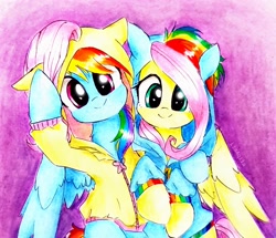 Size: 2572x2212 | Tagged: safe, artist:liaaqila, character:fluttershy, character:rainbow dash, species:pegasus, species:pony, g4, clothing, commission, costume, cute, dashabetes, duo, duo female, female, floppy ears, full face view, high res, hoodie, hoof fluff, hug, kigurumi, liaaqila is trying to murder us, looking at you, mare, pony costume, raised hoof, shyabetes, sitting, smiling, spread wings, things friends do for each other, traditional art, weapons-grade cute, wings