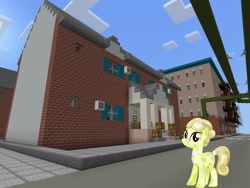 Size: 2048x1536 | Tagged: safe, artist:topsangtheman, artist:vector-brony, species:earth pony, species:pony, g4, house, looking at you, minecraft, solo