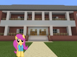 Size: 2048x1536 | Tagged: safe, artist:topsangtheman, character:pursey pink, species:earth pony, species:pony, g4, house, looking at you, minecraft, solo