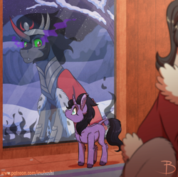 Size: 1600x1592 | Tagged: safe, artist:inuhoshi-to-darkpen, character:king sombra, oc, oc:noche, parent:king sombra, parent:radiant hope, parents:hopebra, g4, cape, chest fluff, clothing, ear fluff, female, filly, hoof fluff, leonine tail, looking at each other, metal, offspring, reflection, story included